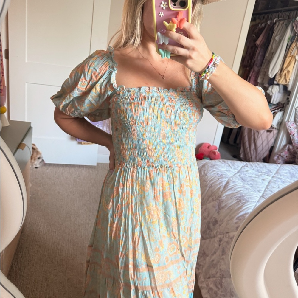 Spell Turquoise and Peach Midi Dress - Picture 2 of 7